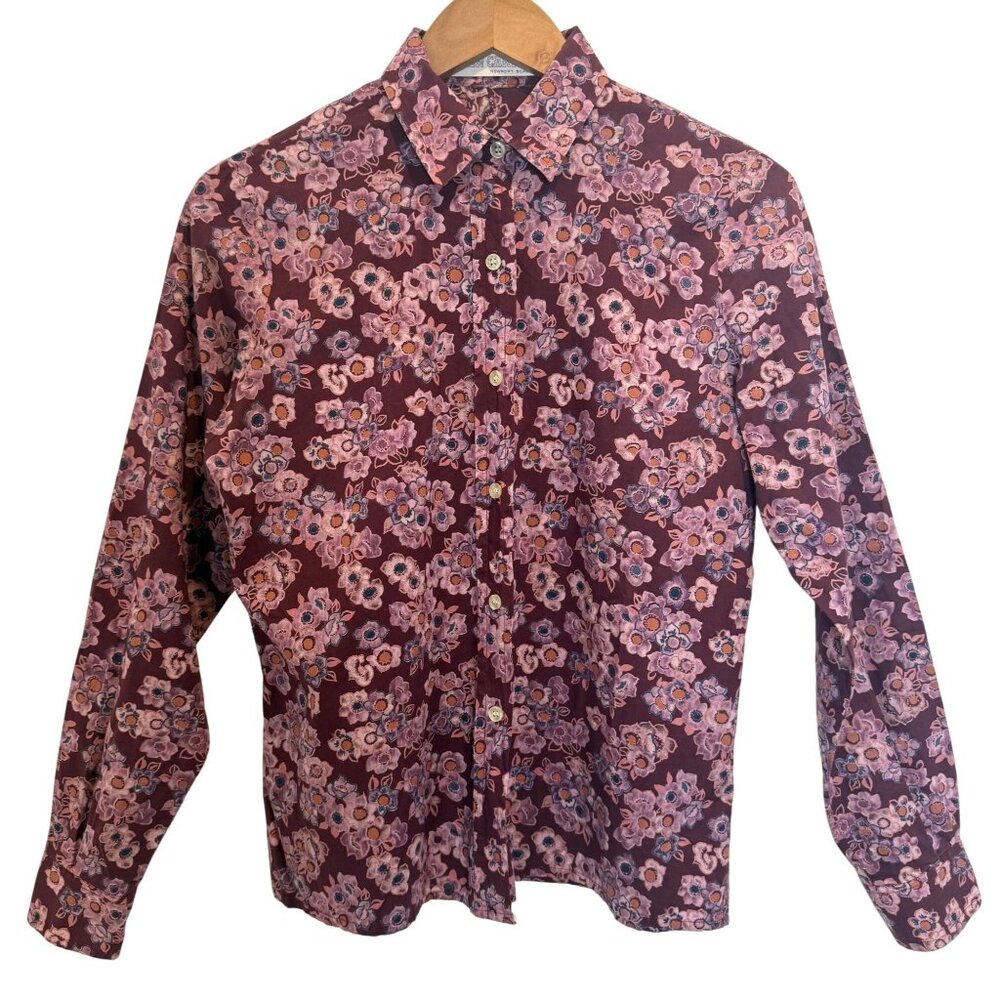 Eileen Carter Newport Beach Floral Blouse Plum Long Sleeve Romantic Classic Soft